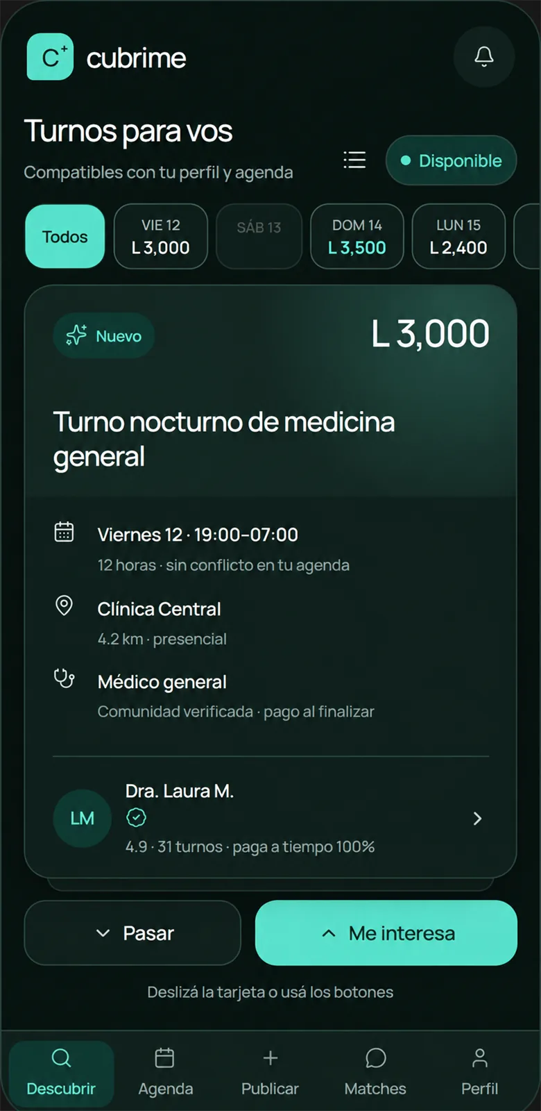 Pantalla Descubrir: tarjetas de guardias disponibles con el monto en grande