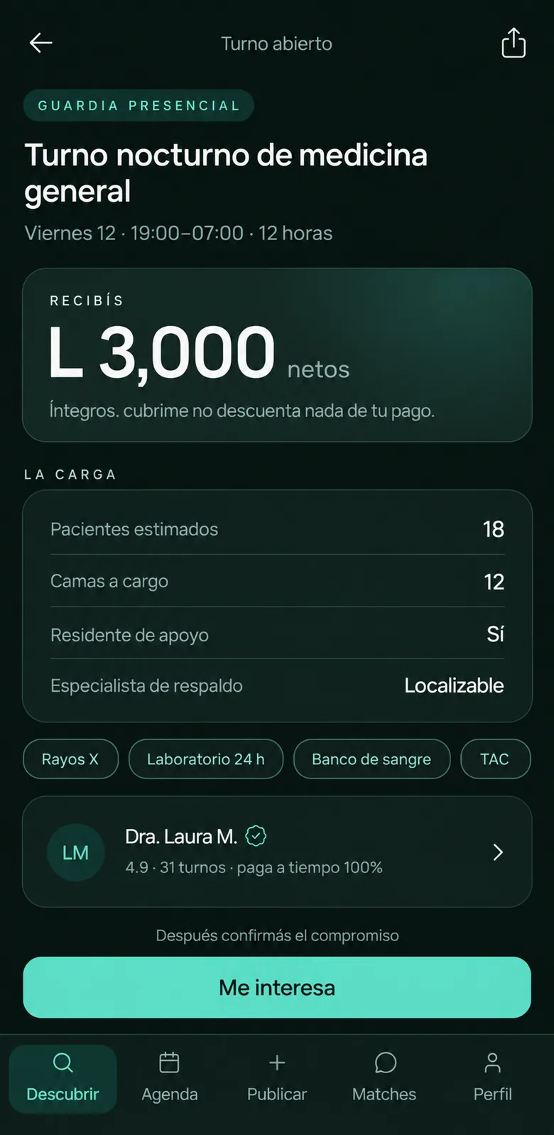 Pantalla de un turno abierto con horario, establecimiento y pago propuesto
