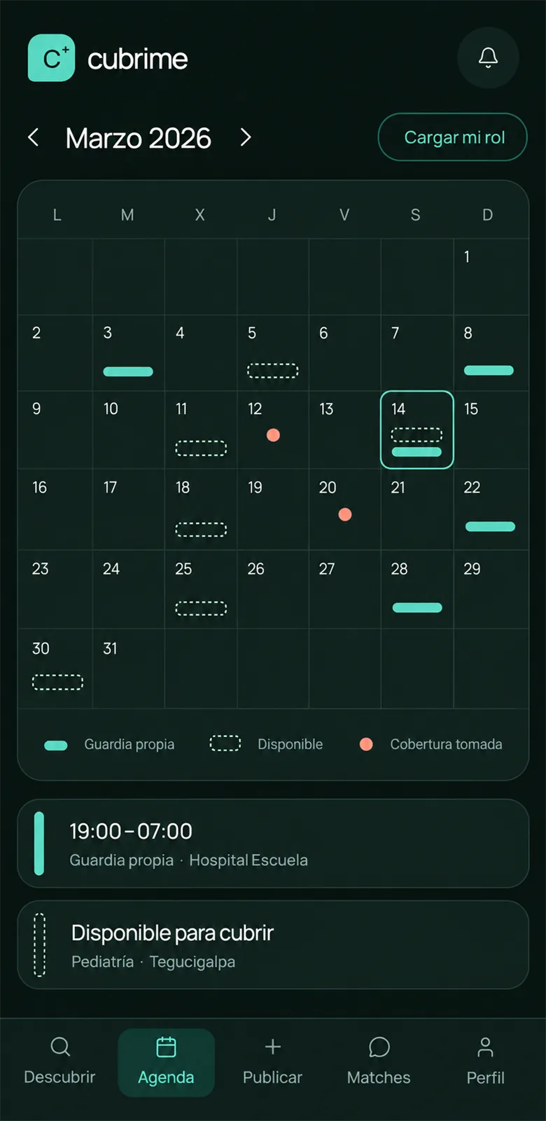 Pantalla Mi agenda con las guardias propias y las que se cubren