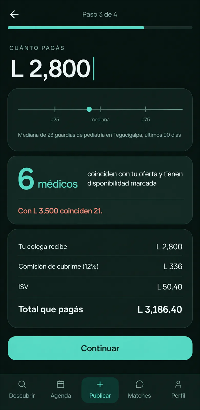 Pantalla del paso del precio al publicar una guardia