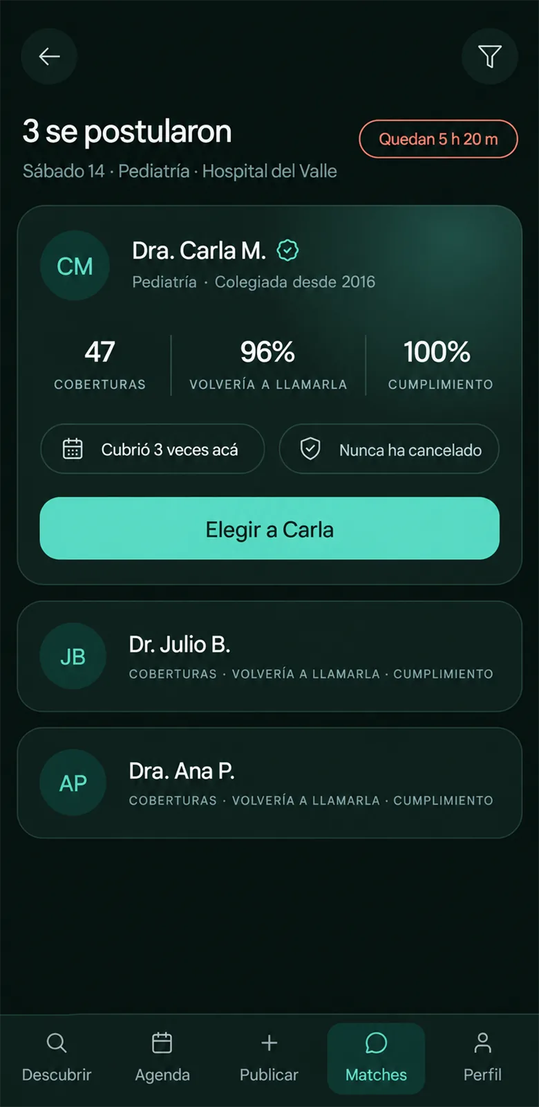 Pantalla para elegir entre los médicos que se postularon